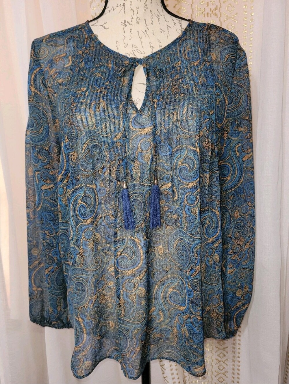 Rose & Olive Blue Paisley Tassel Peasant Tunic